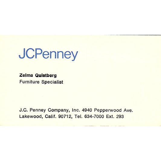 JC Penney Co Zelma Quistberg Lakewood CA Vintage Business Card SB4-B8