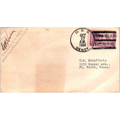 1934 Postal Cover Envelope USS Dewey to W.B. McCafferty Ft. Worth TX AD8-R5