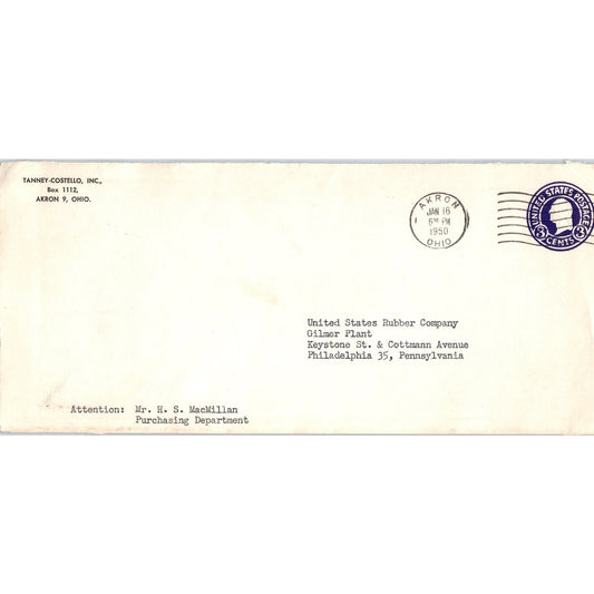 1950 Tanney-Costello Inc Akron Ohio Postal Cover Envelope TH9-L1