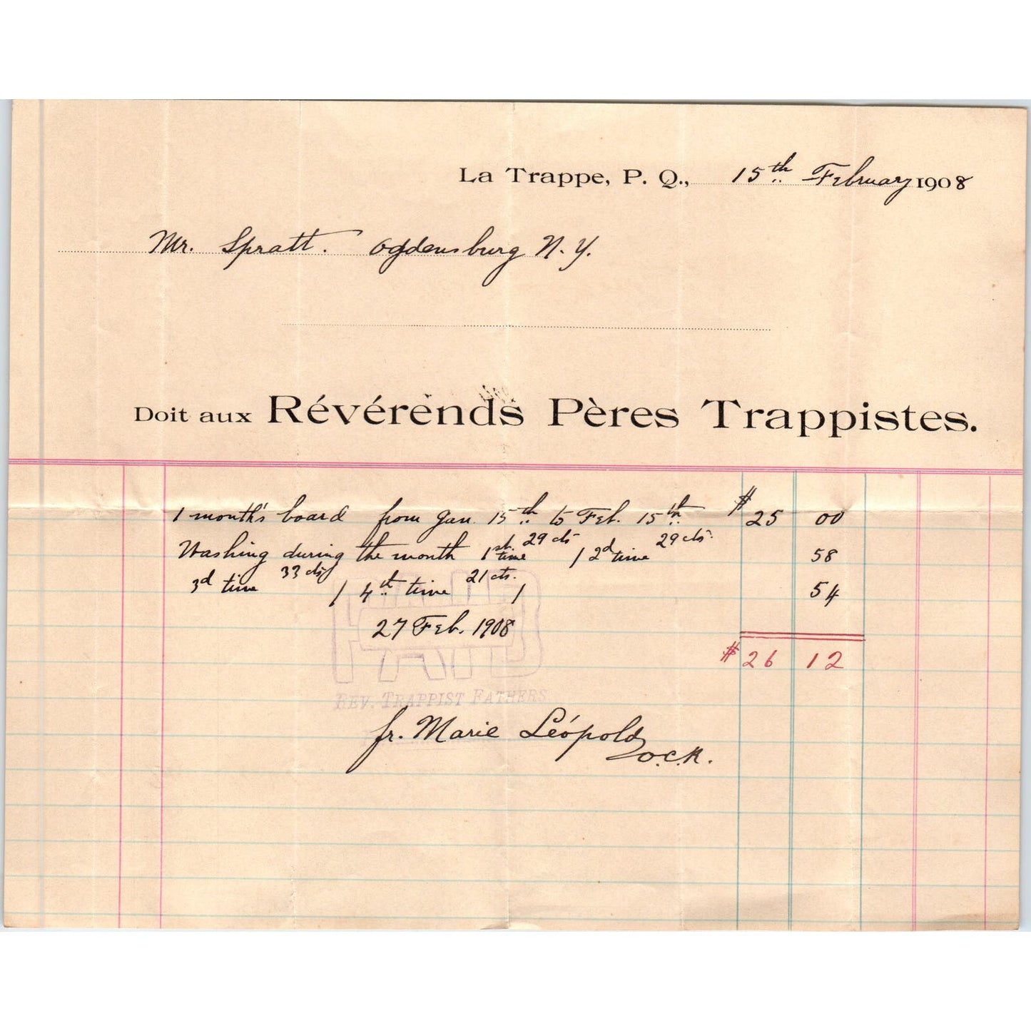 1908 Révérends Pères Trappistes Letterhead Billhead La Trappe P.Q. Quebec AE6-1