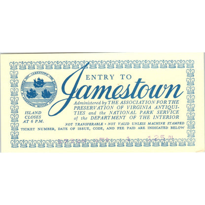 Vintage Entry to Jamestown Travel Voucher Coupon Card TF4-B4