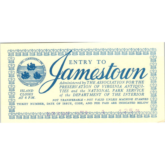 Vintage Entry to Jamestown Travel Voucher Coupon Card H5-5