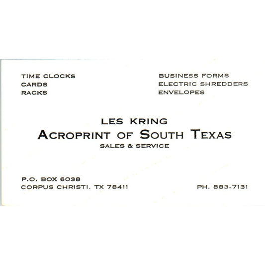 Les Kring Acroprint of South Texas Corpus Christi Vintage Business Card SE3-B5