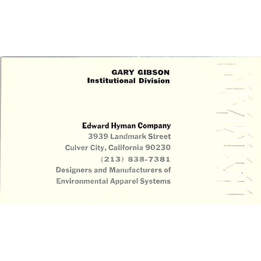 Edward Hyman Company Gary Gibson Culver City CA Vintage Business Card SF3-B5