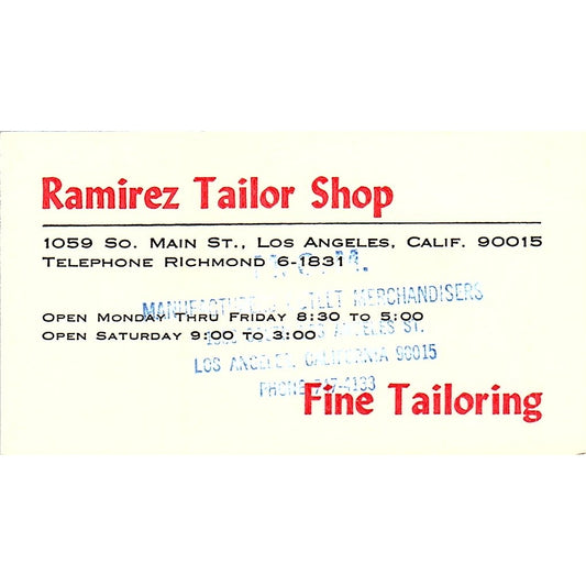 Ramirez Tailor Shop Los Angeles CA Vintage Business Card SSB4-B12