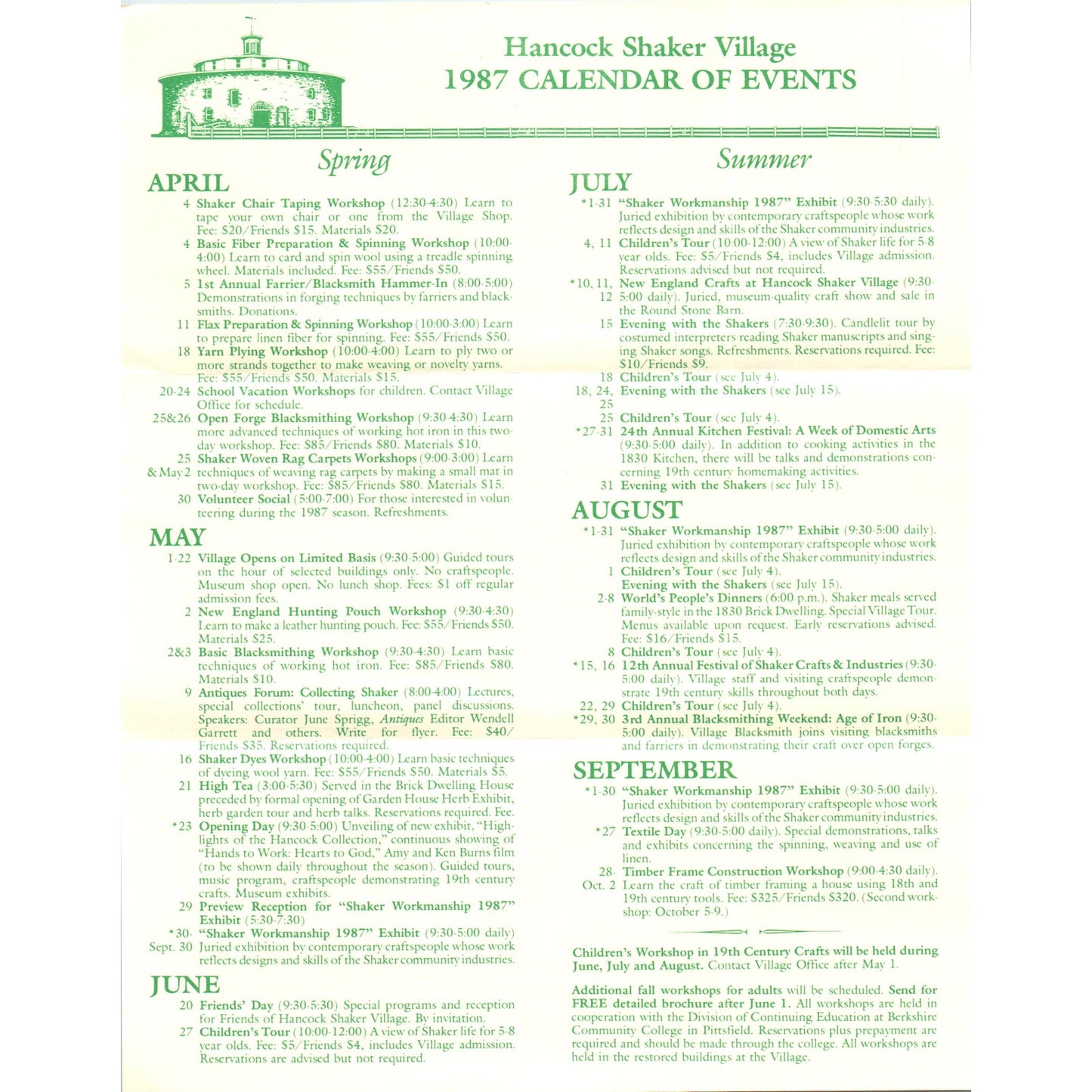 1987 Hancock Shaker Village Calendar of Events Pittsfield MA Brochure TF4-B3