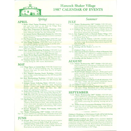 1987 Hancock Shaker Village Calendar of Events Pittsfield MA Brochure TF4-B3