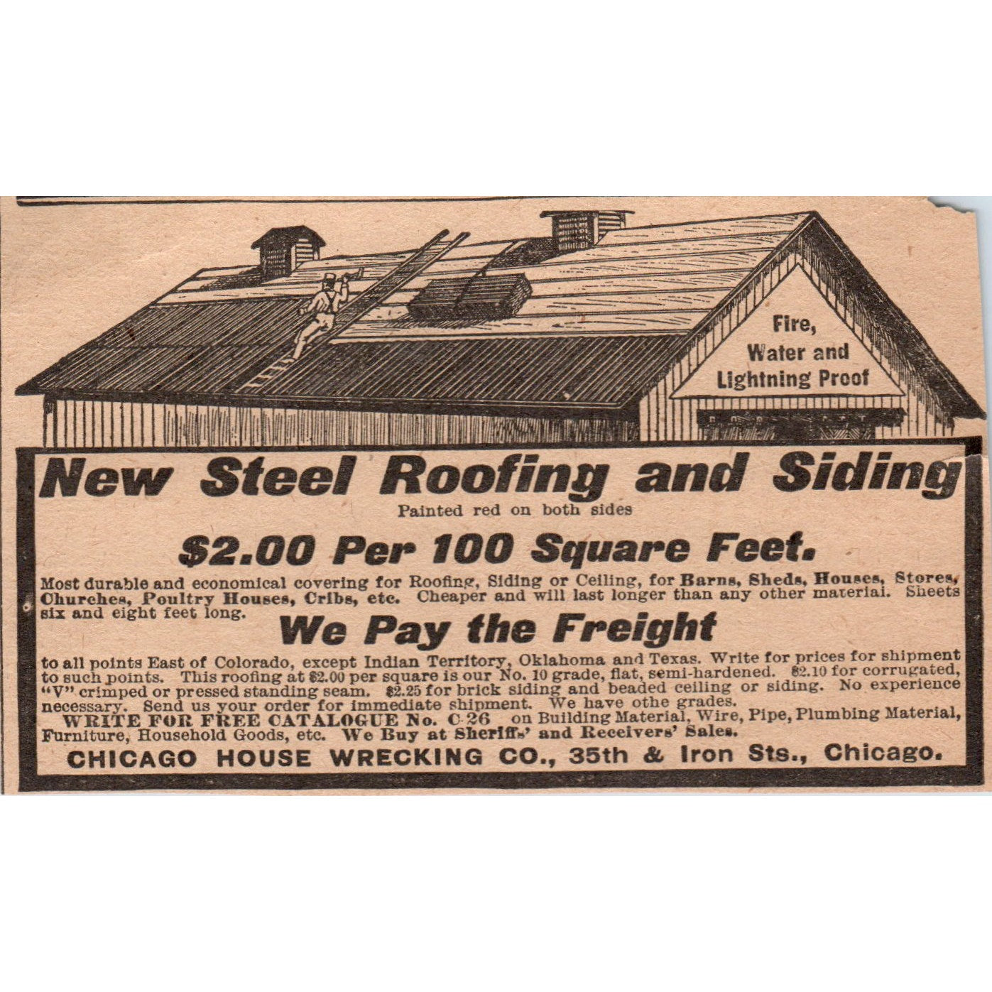 Farm Steel Roofing & Siding Chicago House Wrecking Co 1905 Magazine Ad AF1-NH4