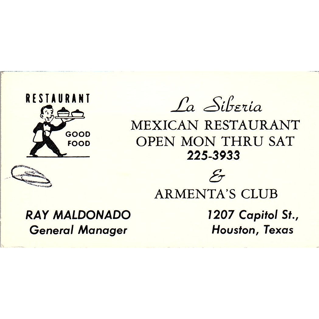 Ray Maldonado La Siberia Restaurant & Armenta Club Houston Business Card SD9-B6