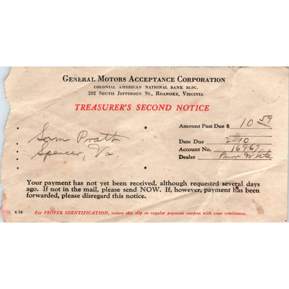 1936 General Motors Past Due Notice Sam Pratt Spencer VA AF1-RR2
