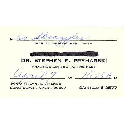 Dr. Stephen E. Pryharski Long Beach CA Vintage Business Card SB4-B2
