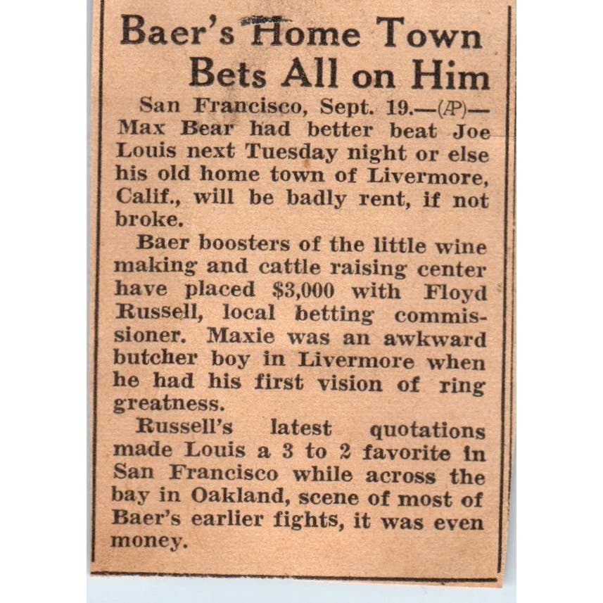 Max Baer Joe Louis Fight Bets 1935 Minneapolis Journal Article AE7-N6