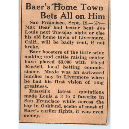 Max Baer Joe Louis Fight Bets 1935 Minneapolis Journal Article AE7-N6