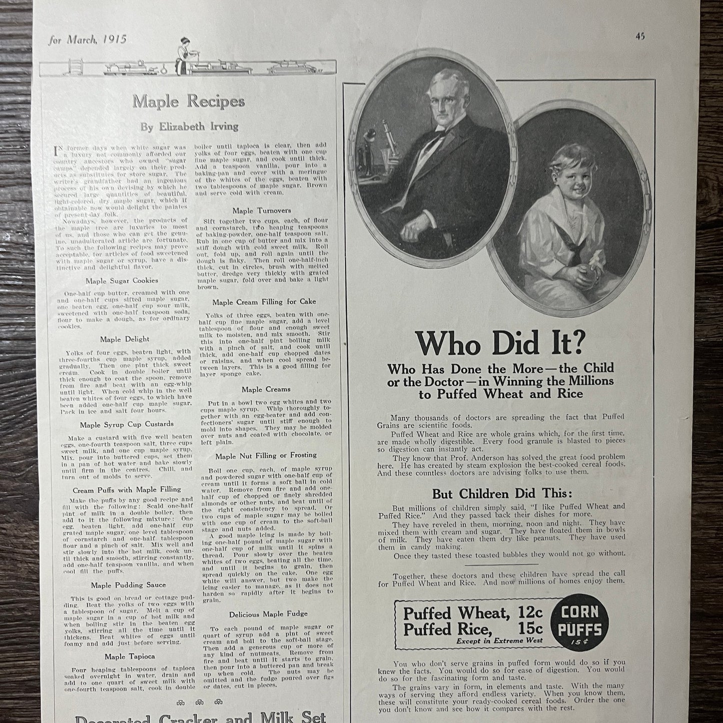 1915 Who Did It? Quaker Oats Puffed Wheat, Rice Vintage Magazine Ad 11x14 V9