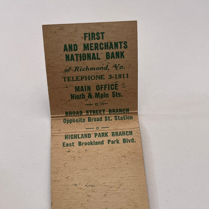 First Merchants and National Bank Richmond VA Vintage Matchbook Cover TB8-MB-11