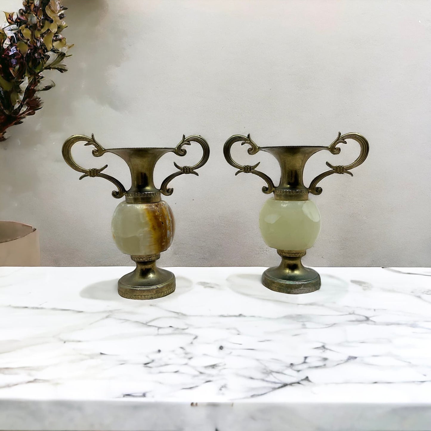 Vintage Onyx Marble and Brass Vases Set of 2 Precious Stone 3.5" TI8