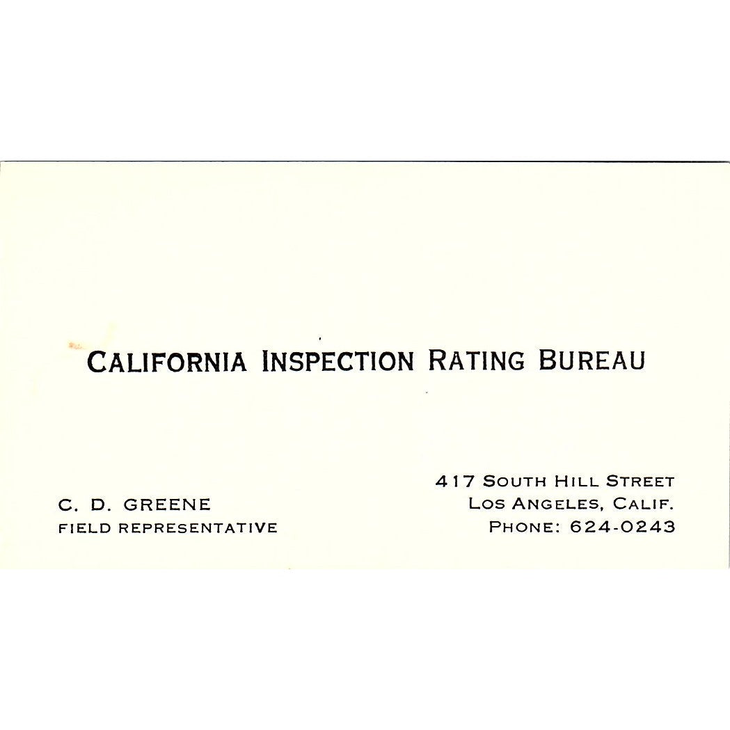 California Inspection Rating bureau C.D. Greene CA Vintage Business Card SF3-B3