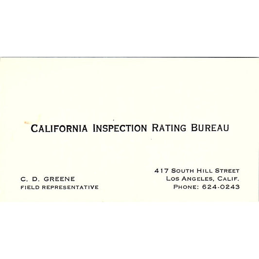 California Inspection Rating bureau C.D. Greene CA Vintage Business Card SF3-B3