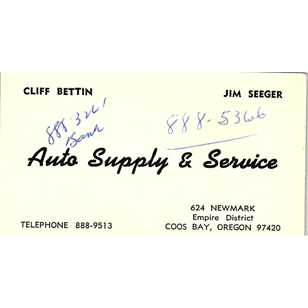 Cliff Bettin Jim Seeger Auto Supply Coos Bay OR Vintage Business Card SE3-B13
