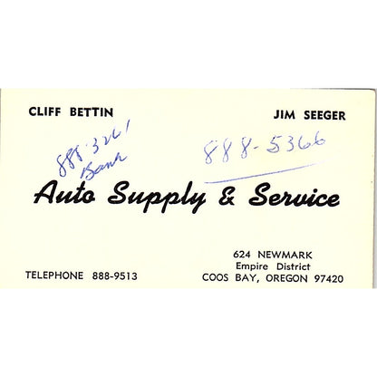 Cliff Bettin Jim Seeger Auto Supply Coos Bay OR Vintage Business Card SE3-B13