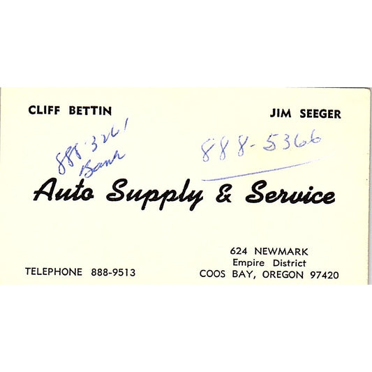 Cliff Bettin Jim Seeger Auto Supply Coos Bay OR Vintage Business Card SE3-B13
