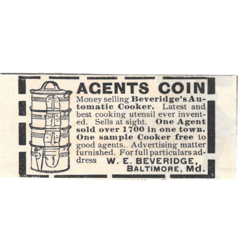 W.E. Beveridge Automatic Cooker Baltimore MD c1890 Victorian Ad AE8-CH11