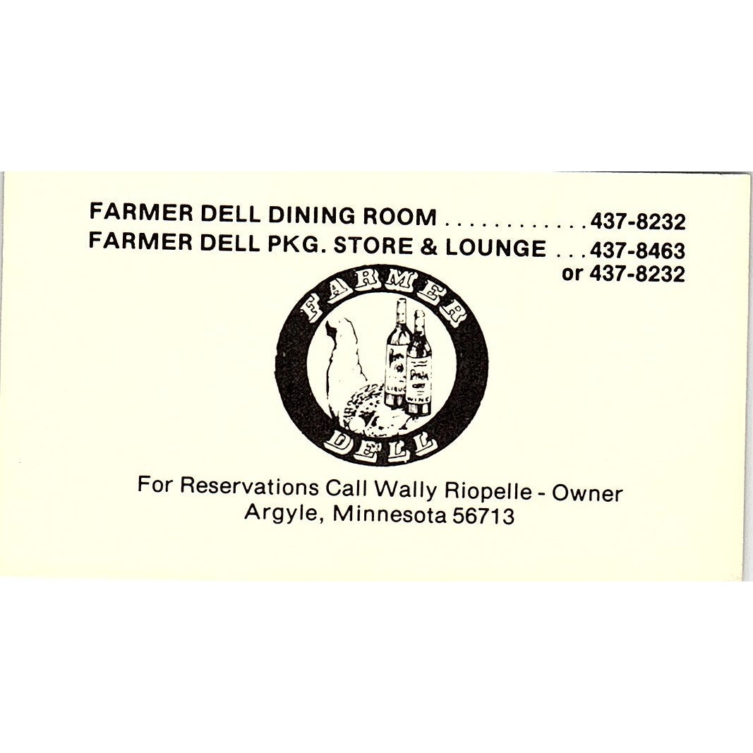 Farmer Dell Lounge Wally Riopelle Argyle MN Pinup Vintage Business Card SD9-B9