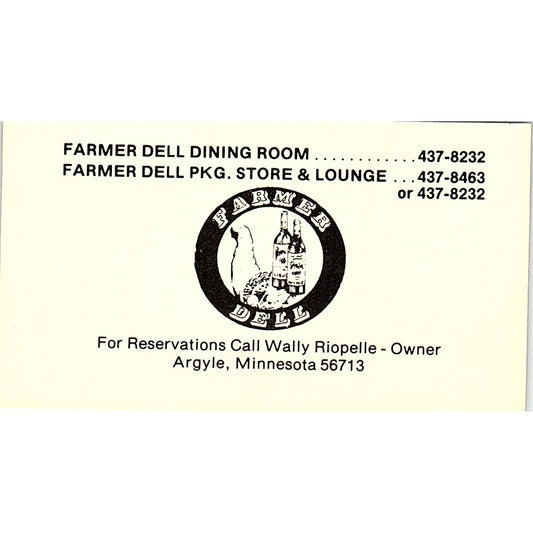 Farmer Dell Lounge Wally Riopelle Argyle MN Pinup Vintage Business Card SD9-B9