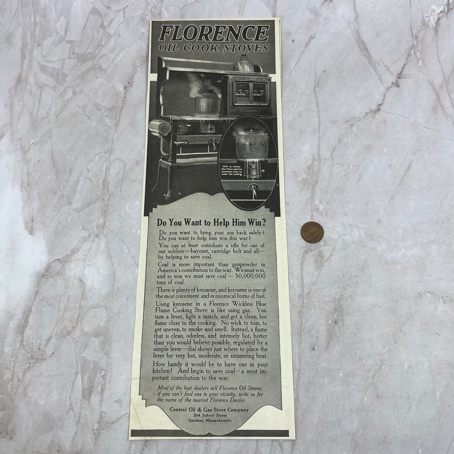 Florence Cook Stoves Central Oil & Gas Stove Gardner MA 1918 Magazine Ad FL6-10