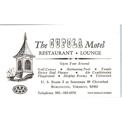 1965 The Cupola Motel Restaurant Burlington VT Room Stub AE2