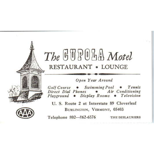 1965 The Cupola Motel Restaurant Burlington VT Room Stub AE2