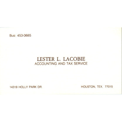 Lester L. Lacobie Accounting Houston TX Vintage Business Card SD8-B9