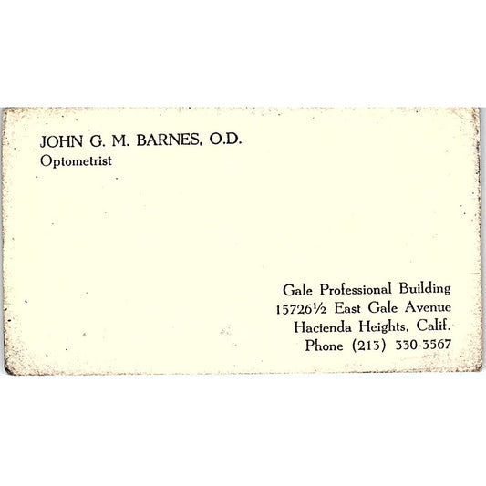 John G. M. Barnes Optometrist Hacienda Heights CA Vintage Business Card SB4-B3