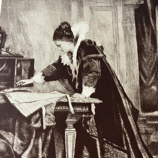 Queen Elizabeth Signing Death Warrant of Mary Stuart 1911 Engraving Print D19