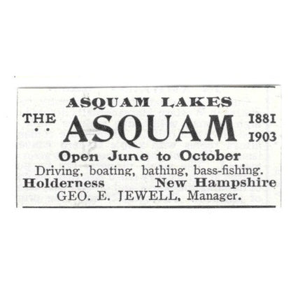 Asquam Lakes The Asquam Geo E. Jewell Holderness NH 1903 Ad AF8-S39