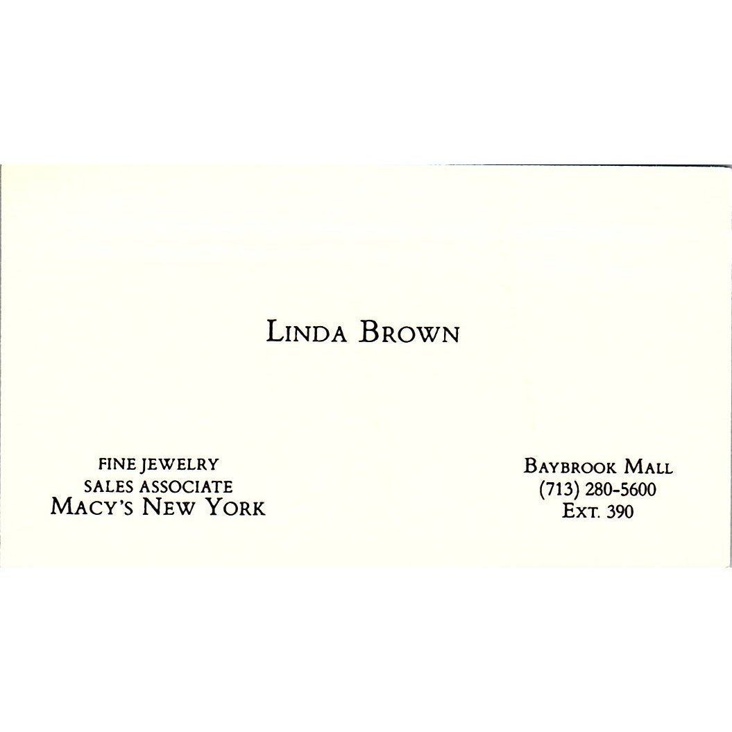 Baybrook Mall  Linda Brown Macy Newyork Vintage Business Card SB4-B10