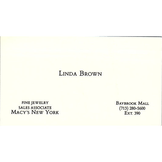 Baybrook Mall  Linda Brown Macy Newyork Vintage Business Card SB4-B10