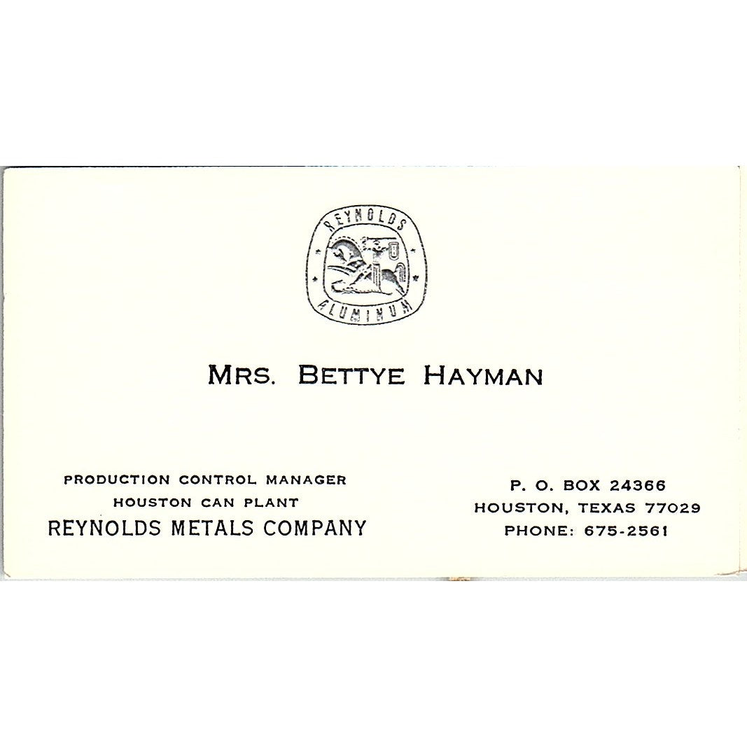 Bettye Hayman Reynolds Metals Company Houston Vintage Business Card SE5-B3