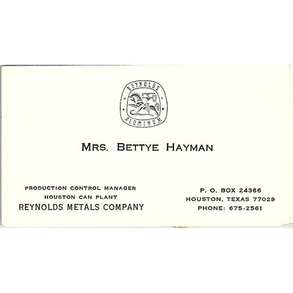 Bettye Hayman Reynolds Metals Company Houston Vintage Business Card SE5-B3