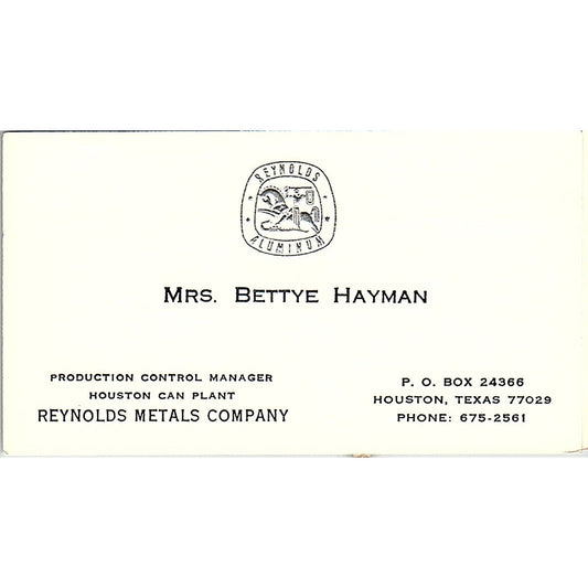 Bettye Hayman Reynolds Metals Company Houston Vintage Business Card SE5-B3