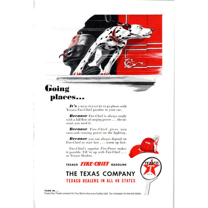 Texaco Gasoline Fire-Chief Dalmation Dog - Vintage Magazine Ad D18