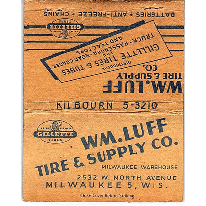 Wm. Luff Tire & Supply Co Milwaukee WI Vintage Large Matchbook Cover TH2-Y1
