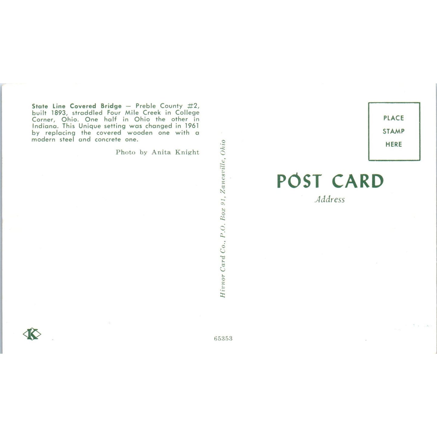 Preble County #2 College Corner Ohio State Line Covered Bridge Postcard PB11