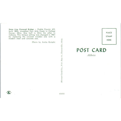 Preble County #2 College Corner Ohio State Line Covered Bridge Postcard PB11