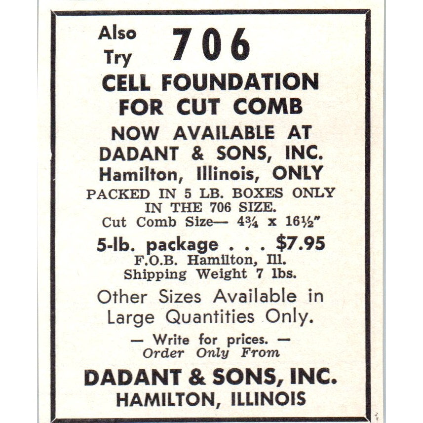 Dadant & Sons Cell Foundation Bee Supplies Hamilton IL 1964 Magazine Ad AK5-S36