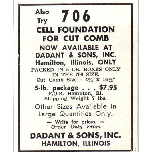 Dadant & Sons Cell Foundation Bee Supplies Hamilton IL 1964 Magazine Ad AK5-S36