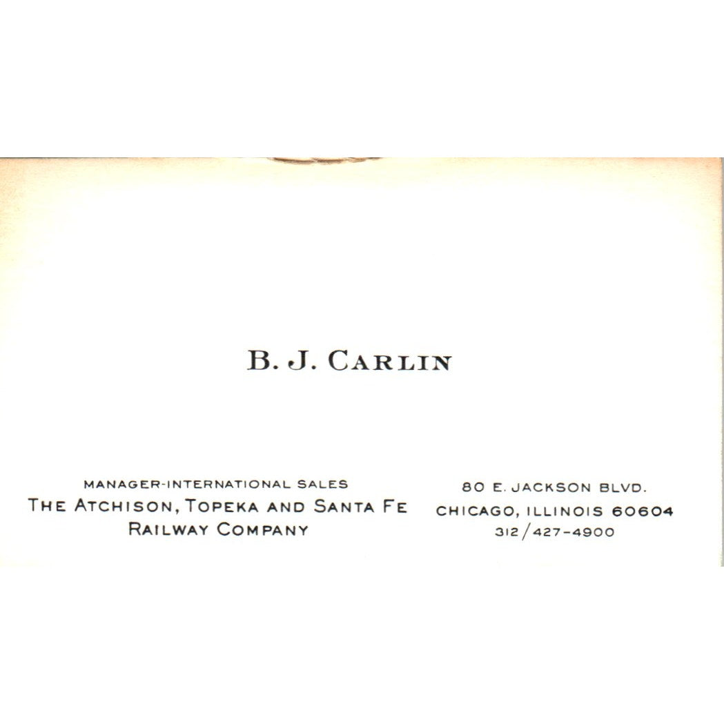 B.J. Carlin The Atchison, Topeka & Santa Fe Railway Vintage Business Card SD4-B4