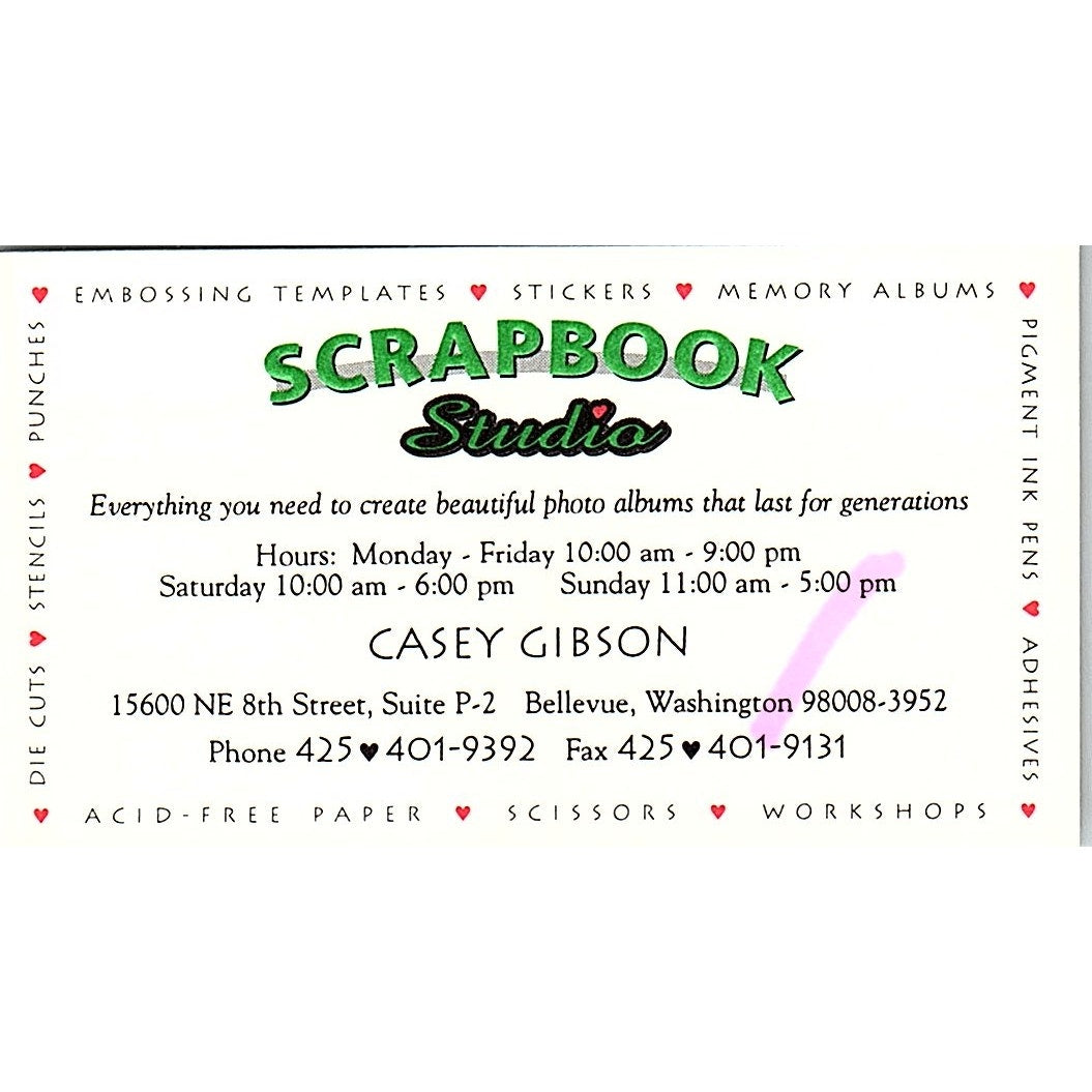 Casey Gibson Scrapbook Studio Bellevue WA Vintage Business Card SC9-B10