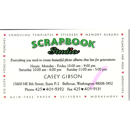 Casey Gibson Scrapbook Studio Bellevue WA Vintage Business Card SC9-B10