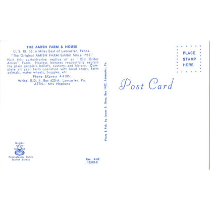 The Amish Farm & House Lancaster PA Mrs. Hopkins Vintage Postcard PD4